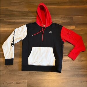 Champion Men's Red, Black, and White Hoodie Size Medium *Flawed*